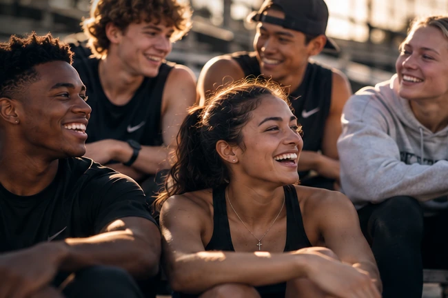 A mixed-gender, multiethnic group of athletes laughing together on stadium bleachers