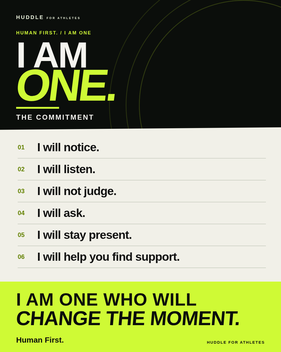 I Am One visual flyer. I will notice. I will listen. I will not judge. I will ask. I will stay present. I will help you find support. I am one who will change the moment. Human First.